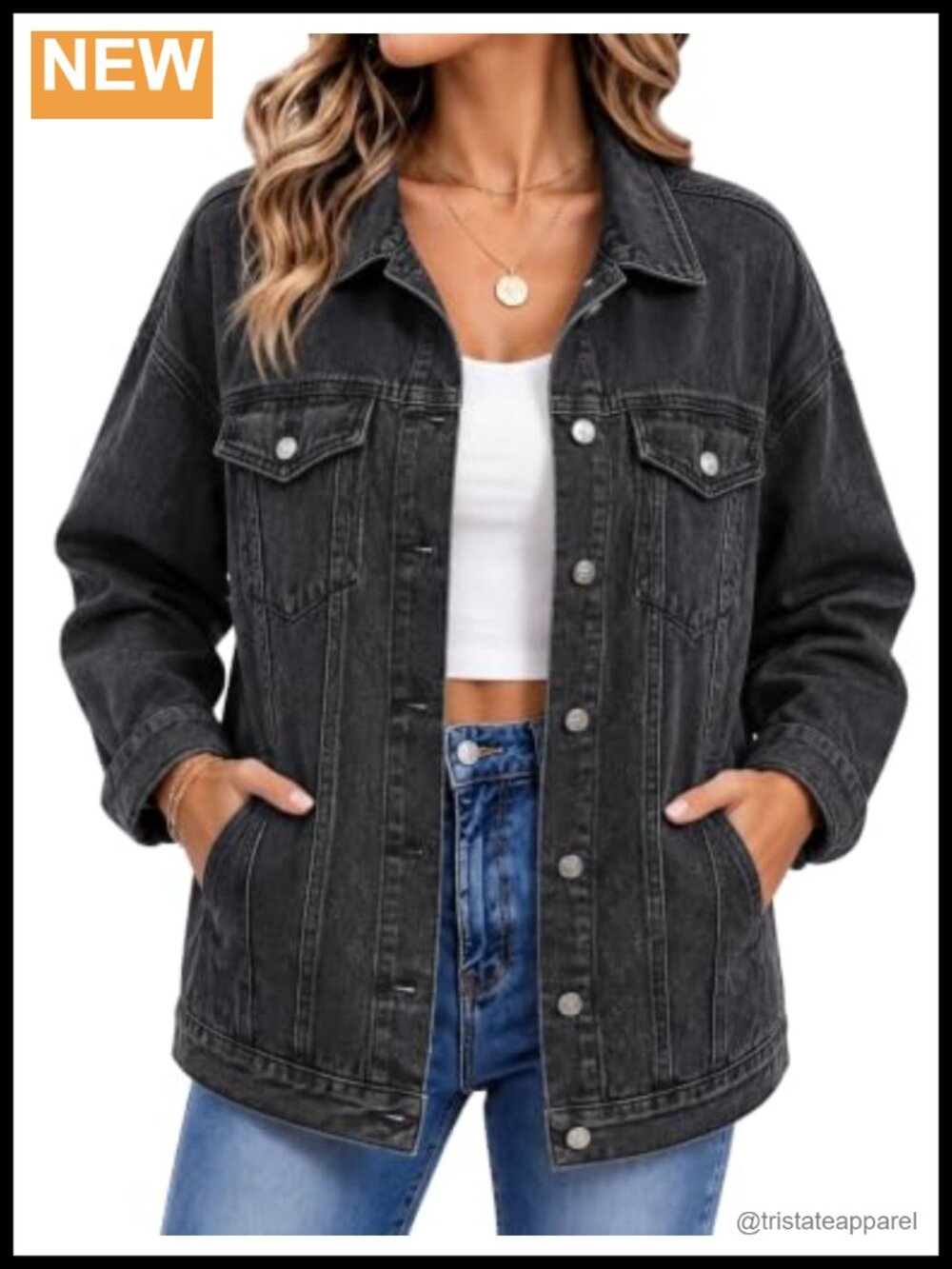Women's Oversized Denim Jacket Mid-Length Multiple Pockets